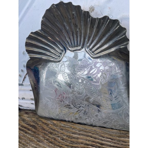 Antique Crumb Pan Tray Clam Shells Etched Bluebird flowers - Picture 2 of 16